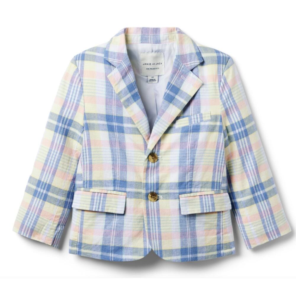 Janie and Jack Plaid Linen Cotton Blazer Jacket Boys 18 24 Mos Blue Pink Preppy‎